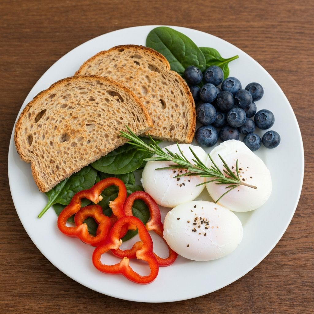 Uravnoteženi doručak sa jajima, čitavim žitima i voćem