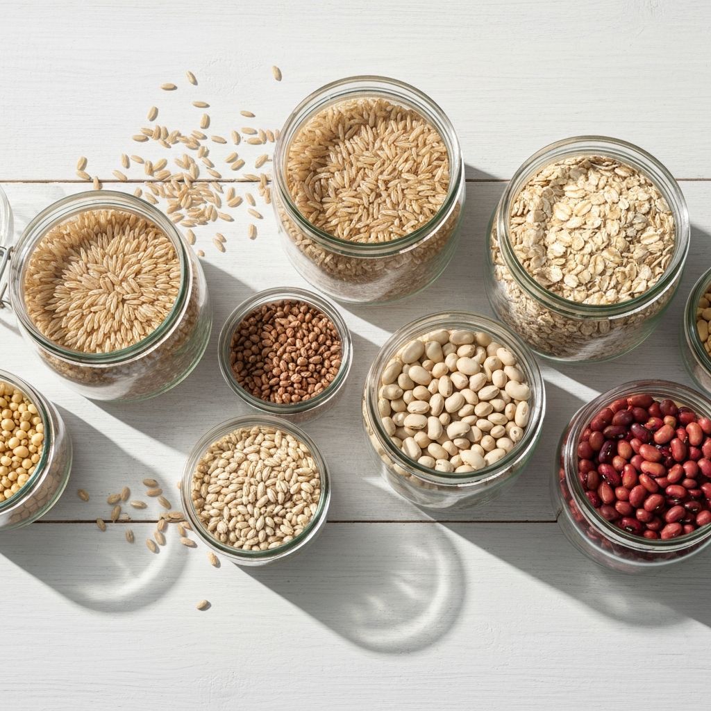 Staklenke sa različitim vrstama integralnih žitarica na bijeloj podlozi